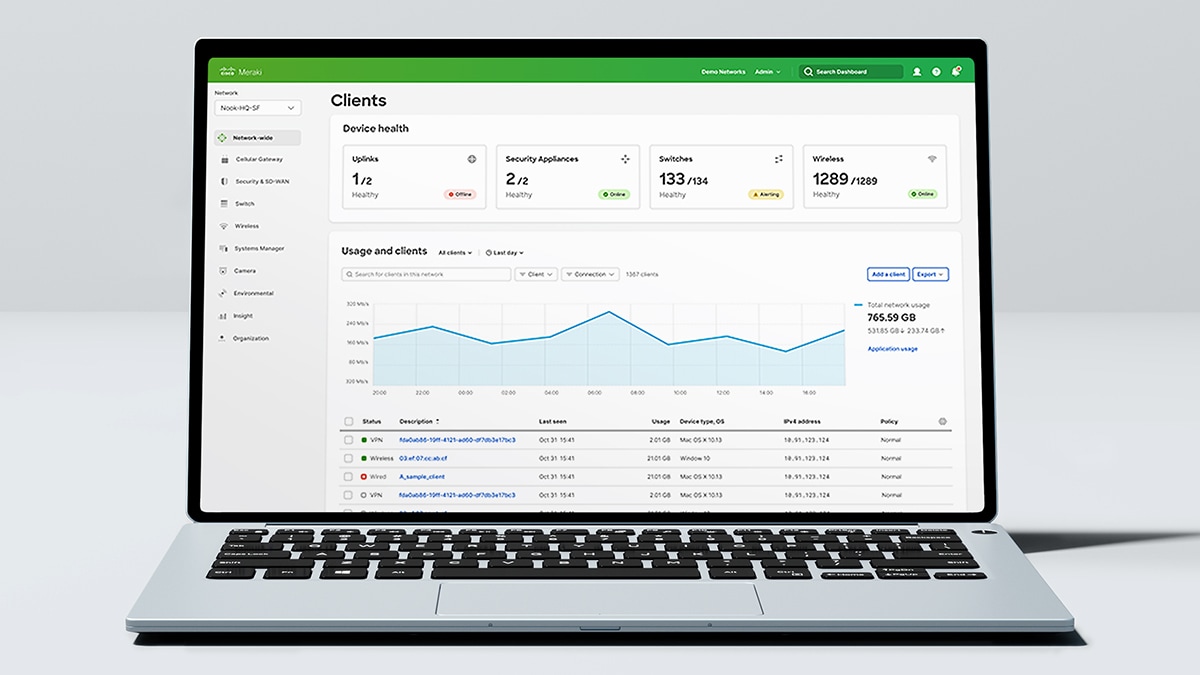 Ordinateur portable avec une capture d'écran du tableau de bord Cisco Meraki