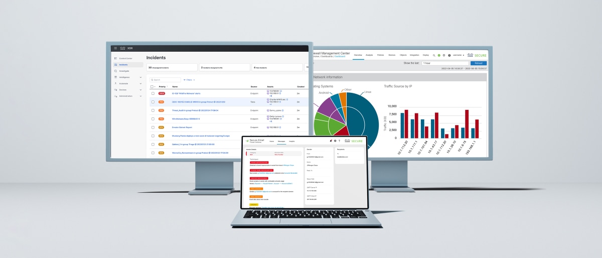 Extended detection and response software on a laptop and monitors